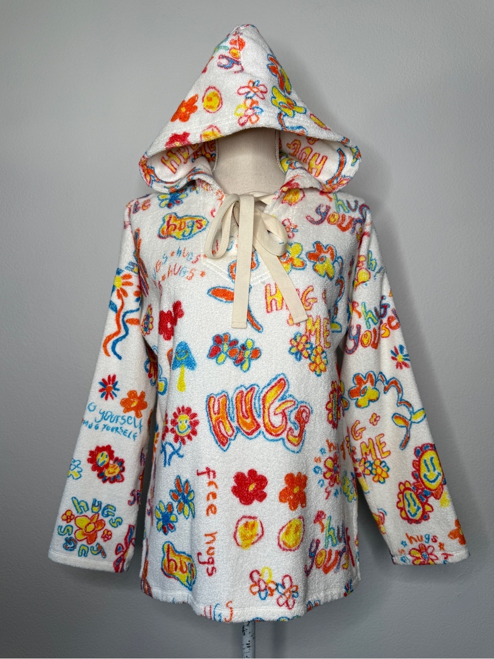 Mira Mikati Terry Cloth White Hooded Pullover - Multicolor Print